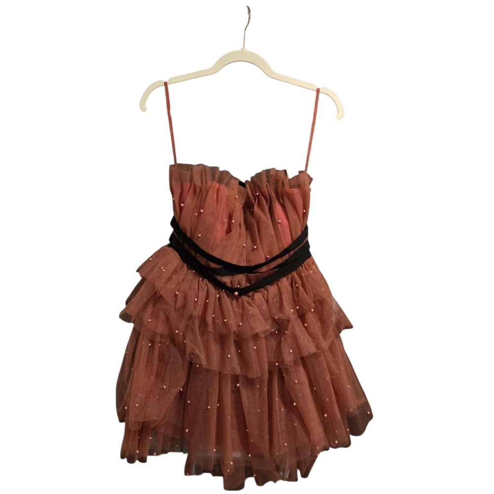 Anthropologie x Maeve Tiered Strapless Tulle Mini Dress in Baked Pink Size 8 - Picture 5 of 10